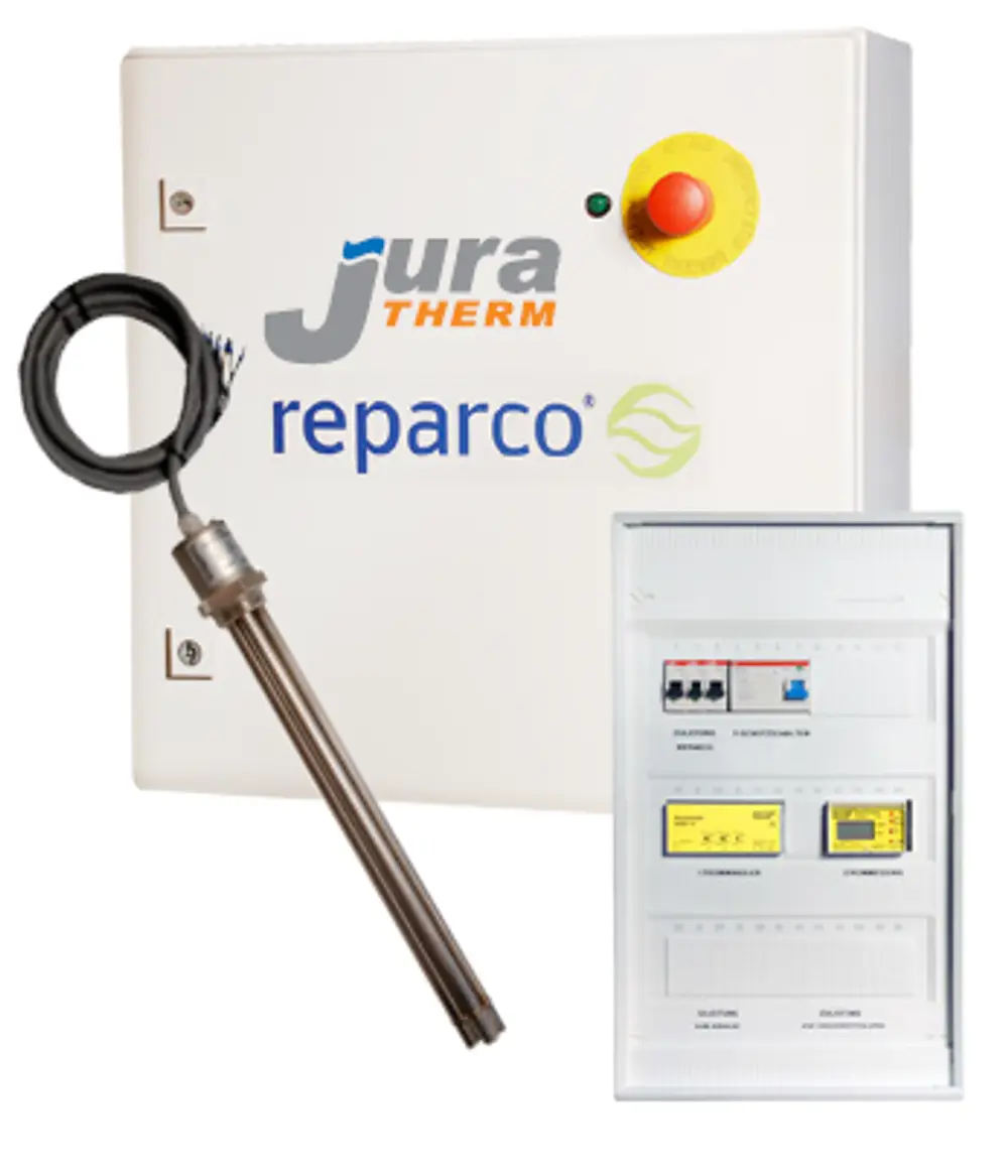 Reparco Zubehör von Juratherm, einschließlich Steuerungseinheit und Temperatursensor. Einheit mit Not-Aus-Schalter und LED-Anzeige.
